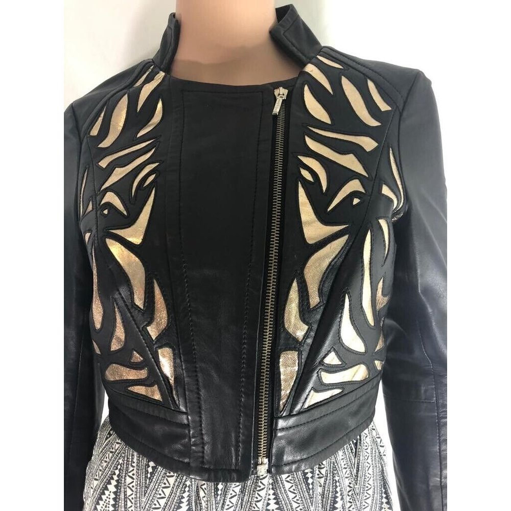 Guess By Marciano Women's Jacket Black & Gold  Full Zip 100% Lamb Leather XS